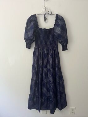 Hill House Nesli Nap Midi Dress Puff Sleeve Blue Glitter Check Feminine XS